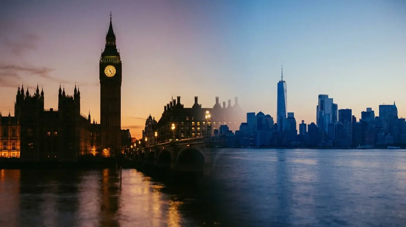 Big Ben and the Thames at dusk with a distant Manhattan silhouette ghosted into the sky â€” the two financial capitals behind GBP/USD