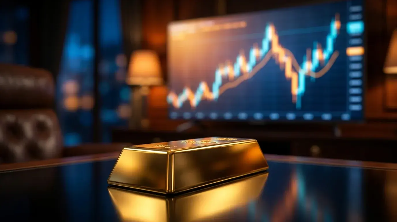 A polished gold bar on a dark reflective surface with a glowing candlestick chart behind it that dipped from a peak and is now curling back upward toward the old high