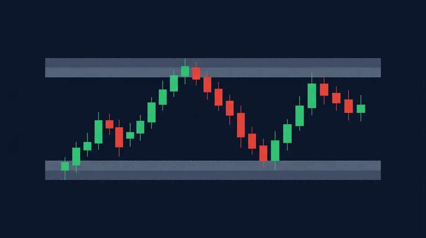 Minimalist candlestick diagram with two marked horizontal level zones, a lower support band and an upper resistance band, price moving between them