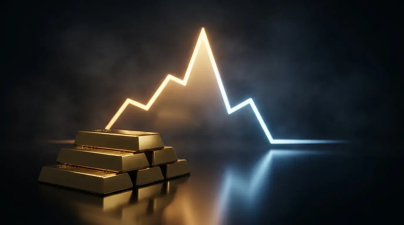 Editorial render of gold bars in front of a chart that spikes to a peak then breaks into a steep correction, representing the two opposing forces driving gold volatility in 2026
