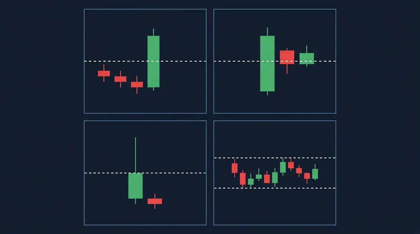 A two-by-two grid of minimalist gold candlestick setups: a breakout, a pullback bounce, a rejection wick, and a range fade