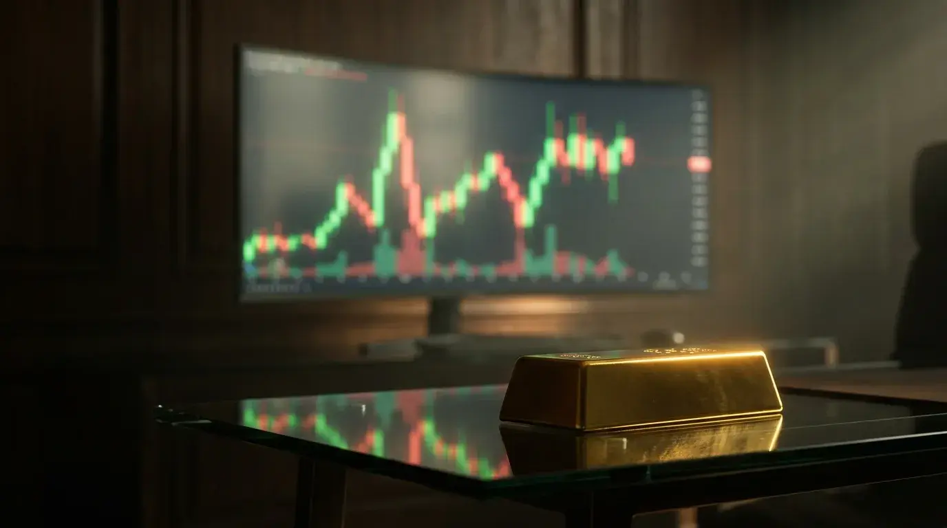 A polished gold bar on a glass trading desk with a violently volatile XAUUSD candlestick chart glowing on a monitor behind it
