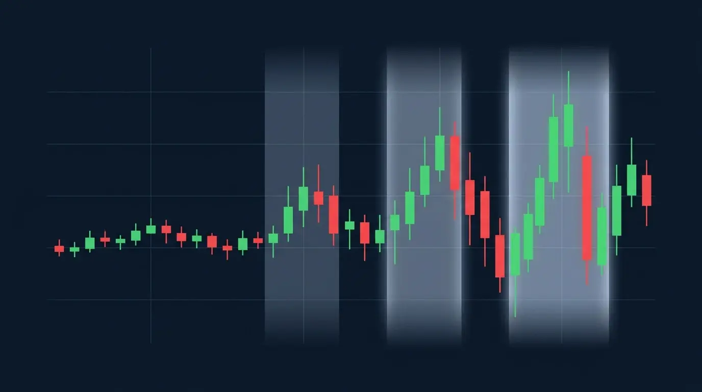 Minimalist intraday candlestick diagram with three shaded bands of increasing brightness marking rising volatility through the trading day