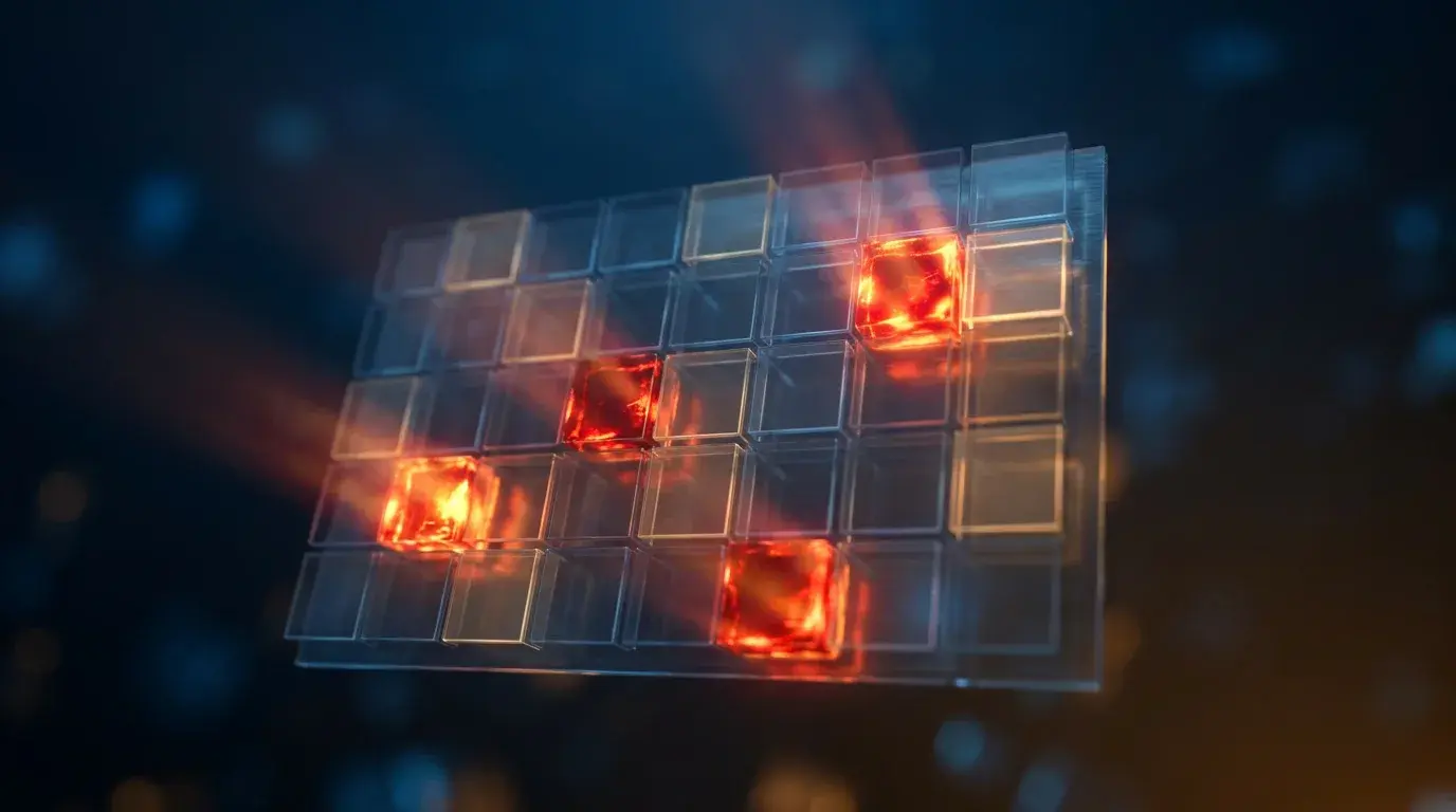 Editorial concept of an economic calendar as a glowing wall of event markers, a few dots burning bright to signal high-impact releases
