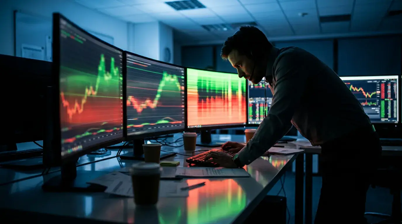 A tense trading desk at the instant of a high-impact news release, monitors flashing violent green and red candlestick spikes