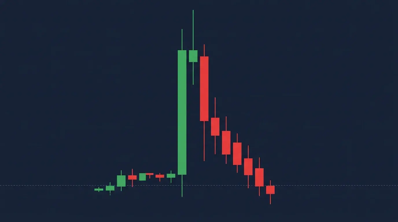 Minimalist candlestick diagram of a sharp green spike straight up followed by red candles fading back below the origin, the news-spike-then-reverse shape