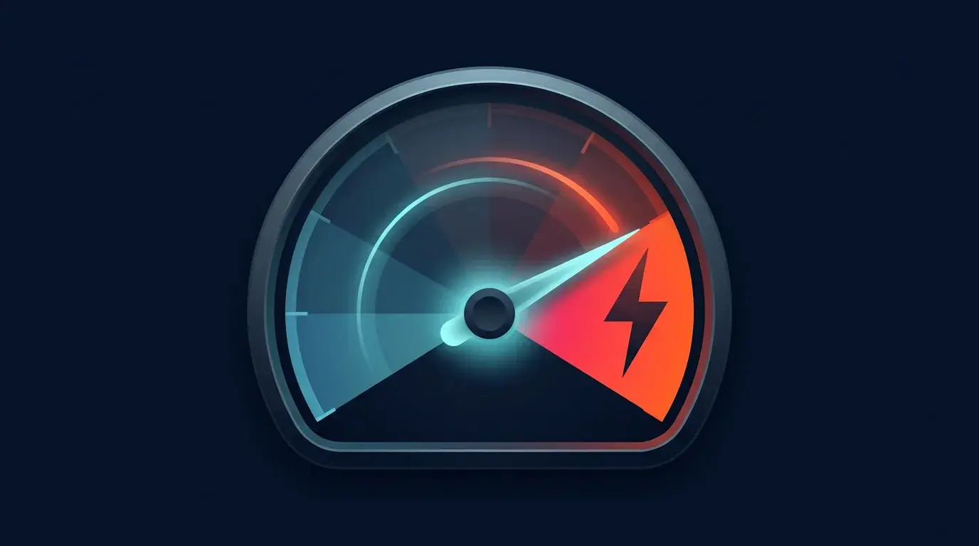 Abstract gauge diagram with a needle swinging sharply from a calm blue zone toward a hot red zone, representing the surprise between forecast and actual