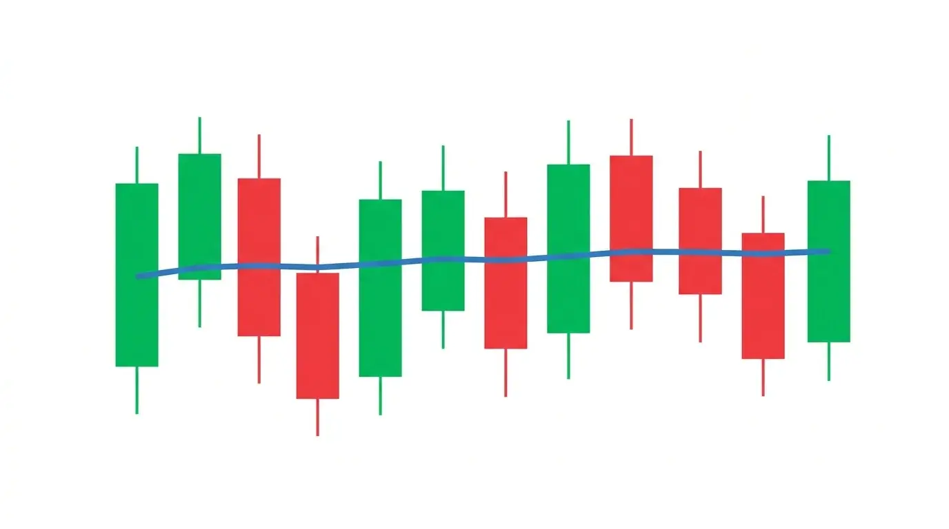 Educational candlestick diagram with a single smooth blue VWAP line weaving through green and red candle bodies on a pure white background