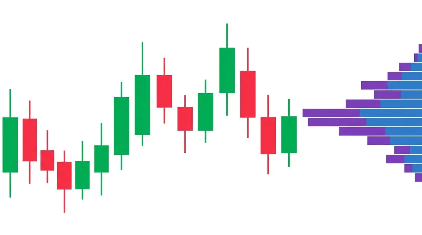 Candlestick sequence on white with a horizontal histogram of flat purple and blue volume bars extending leftward from the right edge of the chart
