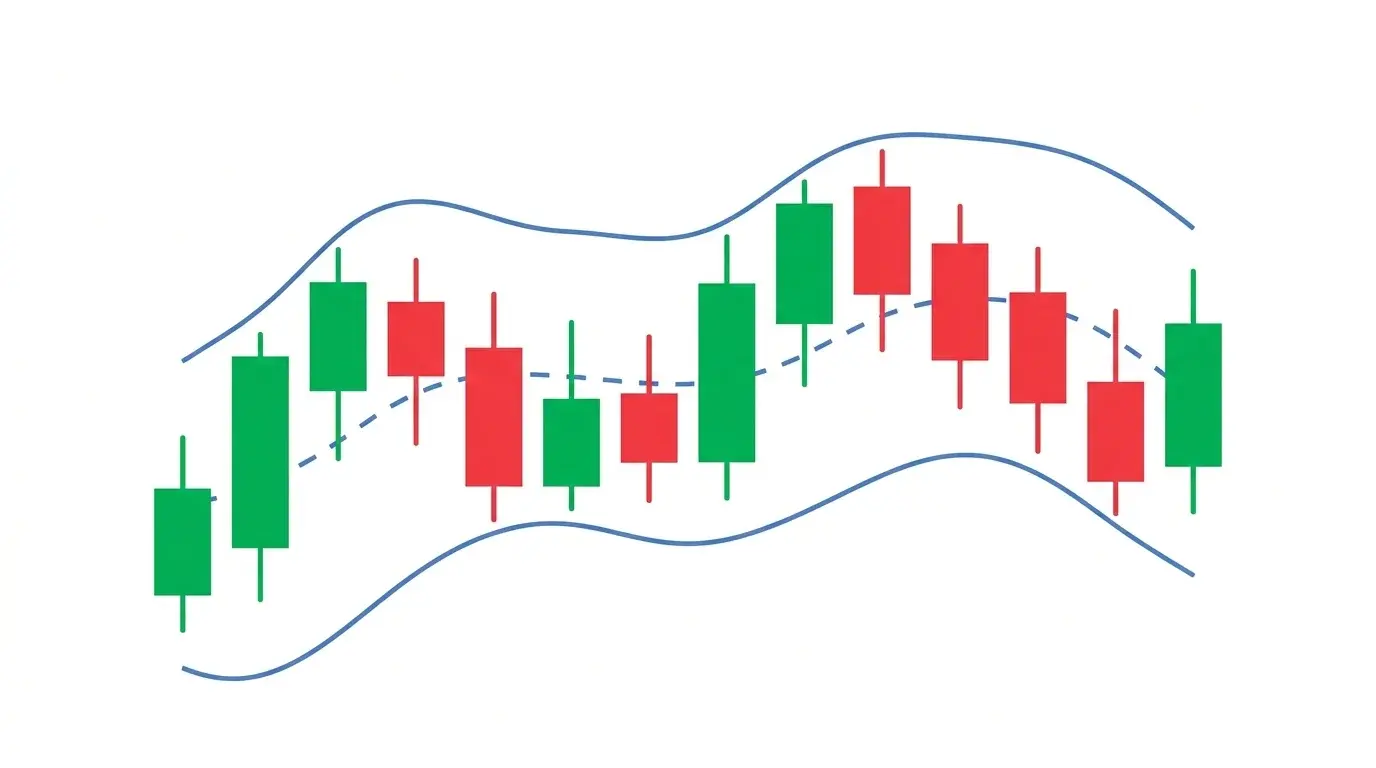 Candlestick sequence on white enclosed between two smooth curving blue Bollinger Band envelope lines with a thin dashed blue centerline running through the middle