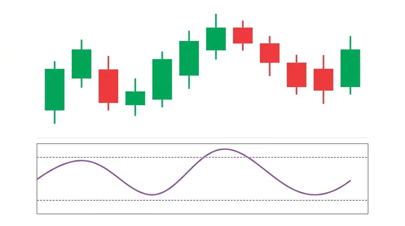 Candlestick sequence on white with an RSI oscillator panel underneath showing a smooth purple momentum wave pushing up to touch the upper reference band