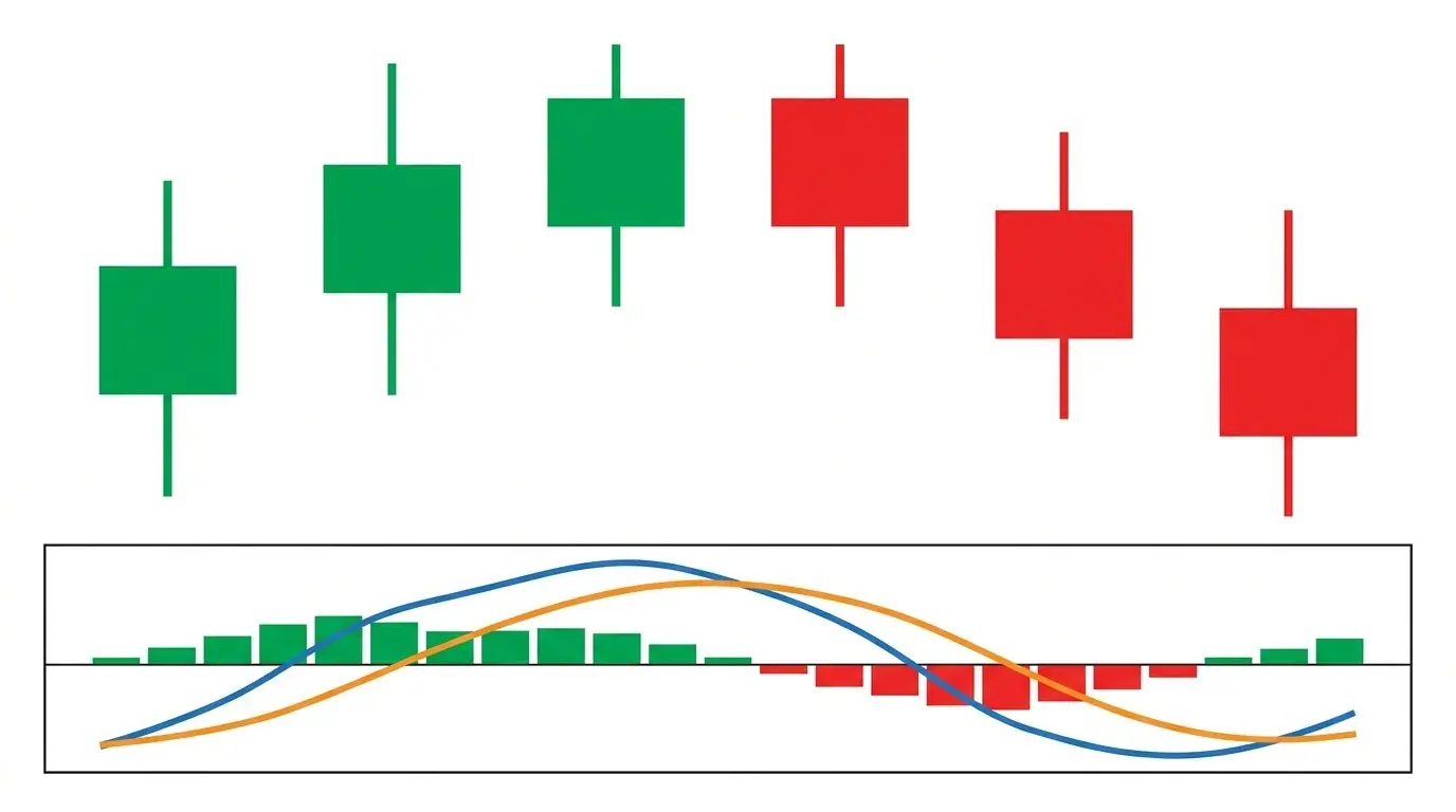 Candlestick sequence on white above a MACD oscillator panel with two crossing blue and orange lines and small green and red histogram bars expanding around a zero line