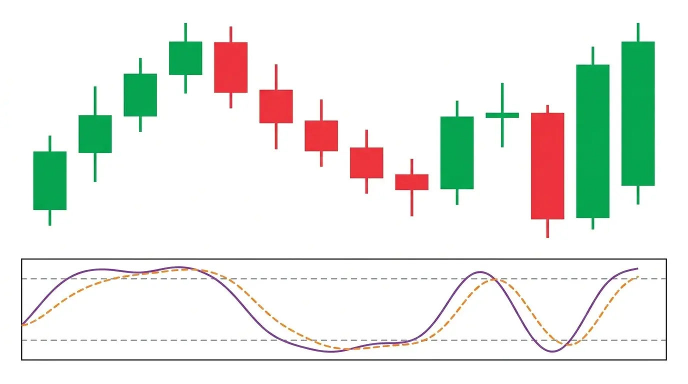 Candlestick sequence on white above a Stochastic oscillator panel with a solid purple %K line and a dashed orange %D line crossing between upper and lower reference bands