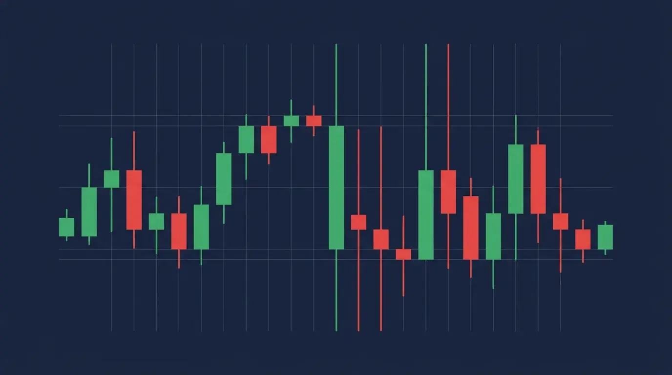 Minimalist candlestick diagram showing sudden vertical gaps and spikes interrupting an otherwise steady price path, illustrating headline whipsaw risk