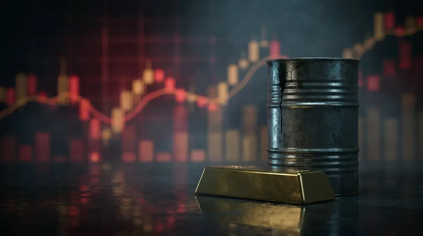 An oil barrel and a gold bar on a dark reflective surface with a tense red-tinged financial chart glowing behind them, evoking geopolitical market risk