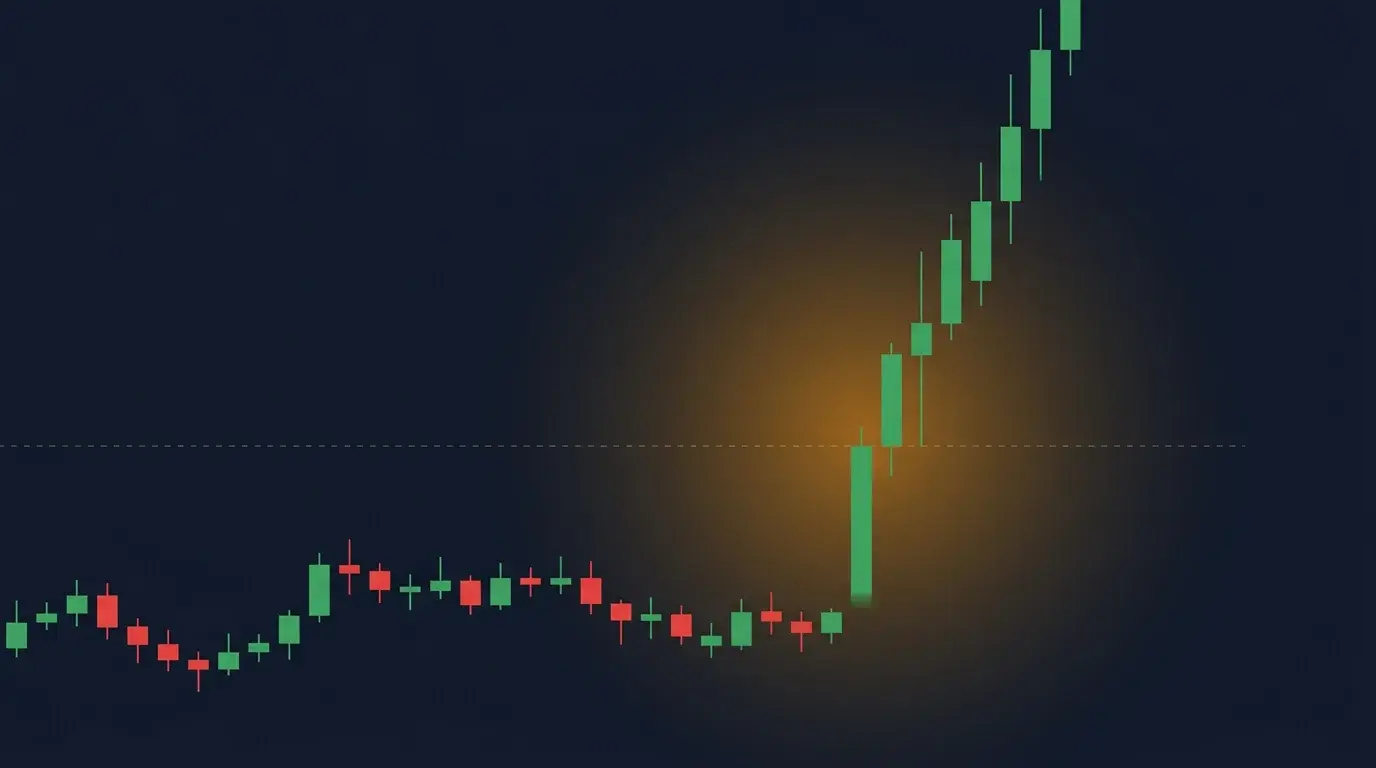 Minimalist candlestick diagram of a crude oil price spiking upward on a supply-shock gap, with a single dashed level line on a dark background
