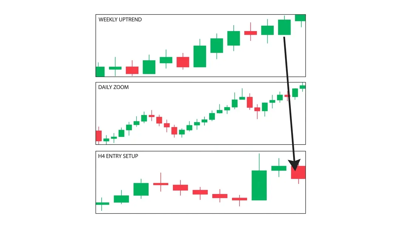 Editorial hero image showing four stacked forex charts from weekly down to 15-minute aligned in a top-down cascade illustrating multi-timeframe analysis