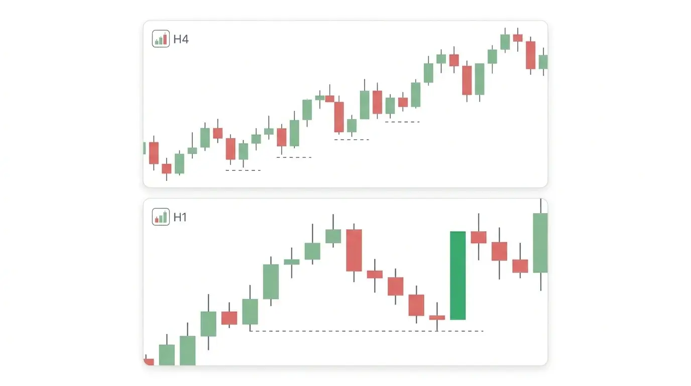 H4 forex chart showing an uptrend with marked demand zone, and H1 chart below with a bullish pin bar rejection at the zone