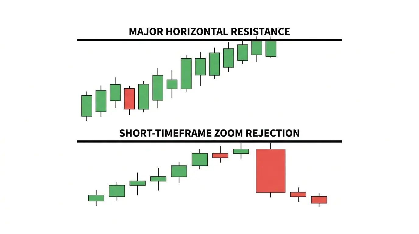 Split chart showing H4 resistance level on the left with price approaching from below, and M15 chart on the right displaying a bearish pin bar rejection candle at the level