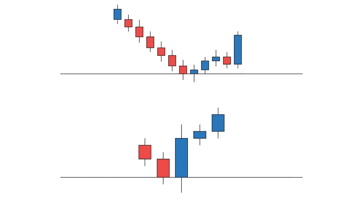 Split chart showing H4 support zone on the left with price pulling back into it, and M15 chart on the right displaying a large bullish engulfing candle at the support level