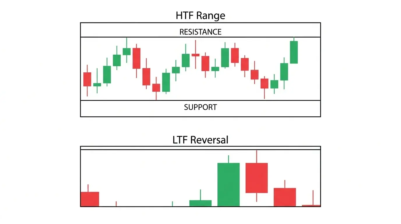 Split chart showing an H4 ranging market with clear horizontal boundaries on the left, and M15 chart on the right showing a bearish pin bar at the range high