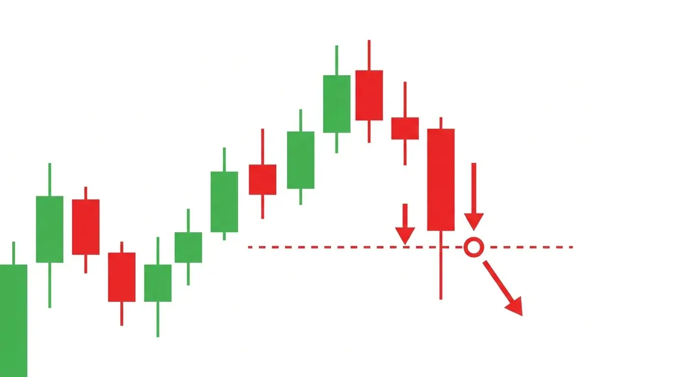 Chart diagram of a sell stop order resting below a long position, triggering a market exit when price breaks through the stop level