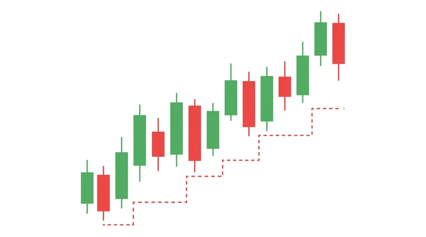 Chart diagram of a trailing stop ratcheting upward as price rallies, with a dashed line showing the trailing distance locked in below the highest high