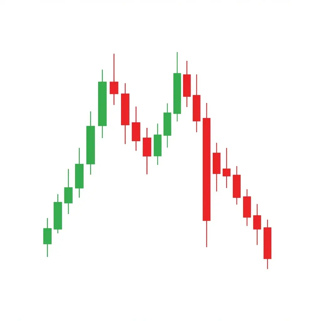 Double top breakdown pattern showing price breaking below neckline support with increased selling volume and measured move price target