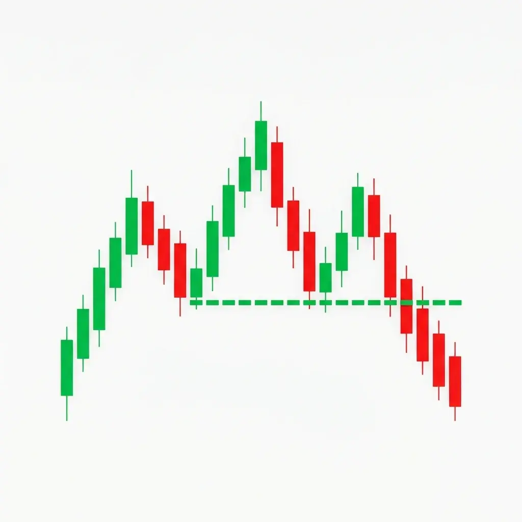 Head and shoulders bearish reversal pattern with left shoulder, head, and right shoulder peaks, neckline support, and projected measured move target