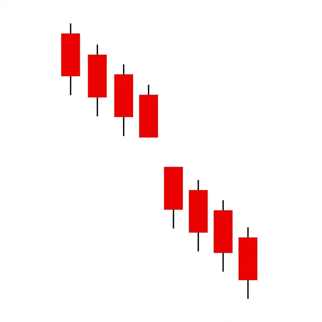 Bearish runaway gap pattern appearing mid-downtrend confirming institutional selling momentum with no gap fill and continued downside