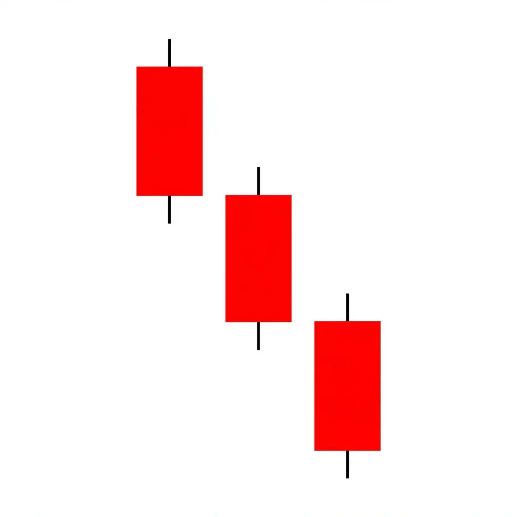 Three Black Crows bearish reversal pattern showing three consecutive long-bodied red candles each closing near their lows after an uptrend