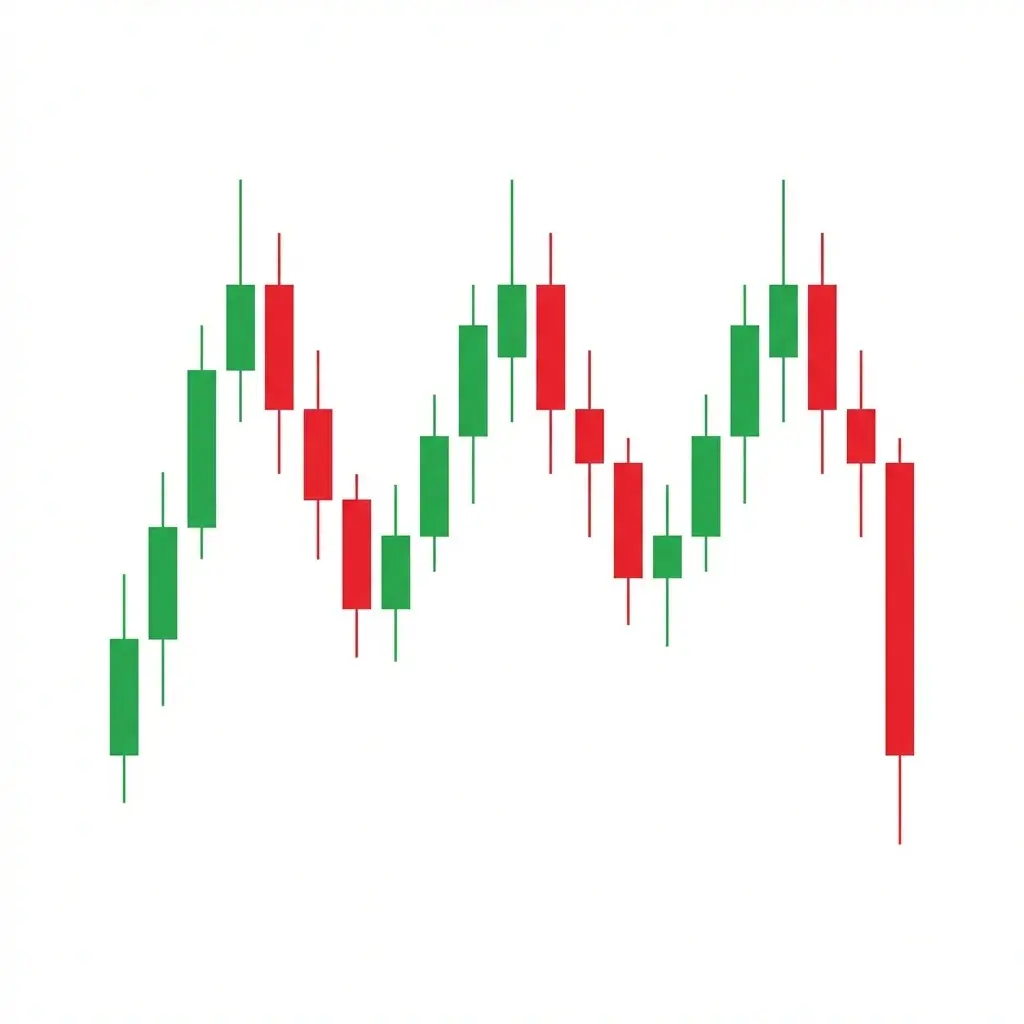 Triple top bearish reversal pattern showing three peaks at equal resistance level with two neckline troughs and measured move target below the breakdown point