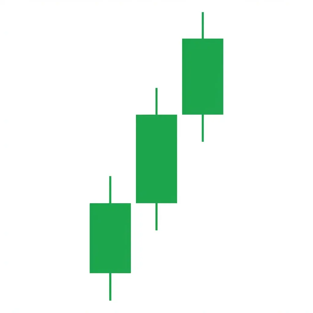 Identical Three Whites bullish pattern showing three consecutive bullish candles where each opens at or near the previous candle close, creating a staircase advance
