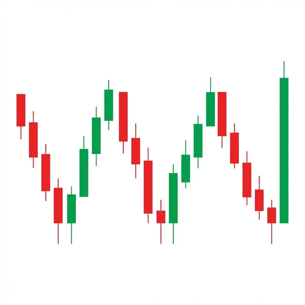 Triple bottom bullish reversal pattern showing three troughs at equal support level with two neckline peaks and measured move target above the breakout point