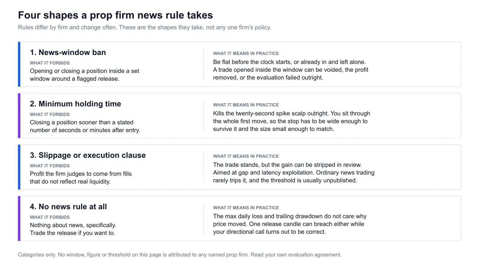Diagram titled Four shapes a prop firm news rule takes: row one news-window ban, forbidding opening or closing a position inside a set window around a flagged release; row two minimum holding time, forbidding closing sooner than a stated number of seconds after entry; row three slippage or execution clause, forbidding profit from fills that do not reflect real liquidity; row four no news rule at all, where max daily loss and trailing drawdown still apply