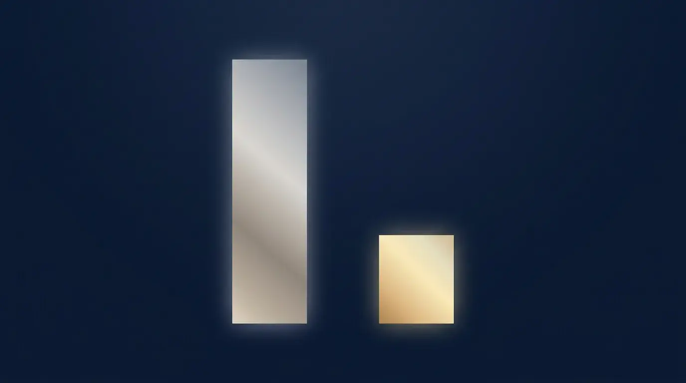 Minimalist diagram of two vertical columns of very different heights in gold and silver, representing the gold/silver ratio