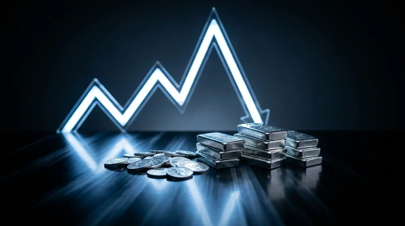 Stacked polished silver bars and scattered coins on a dark reflective surface with a glowing chart behind that spiked to a tall peak then fell hard