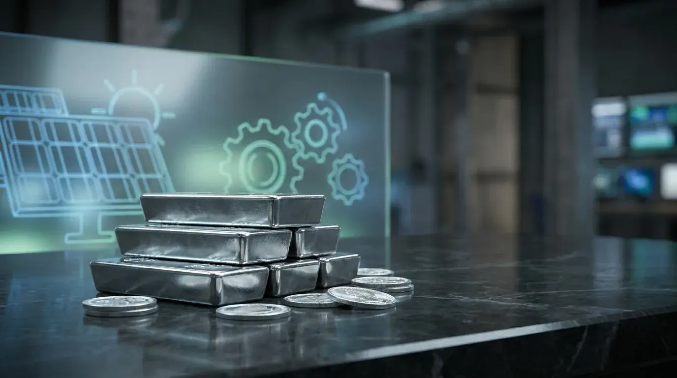 Editorial photograph of silver bars and granules on a dark surface with a faint solar panel grid and industrial circuitry glowing behind, representing silver's dual monetary and industrial demand