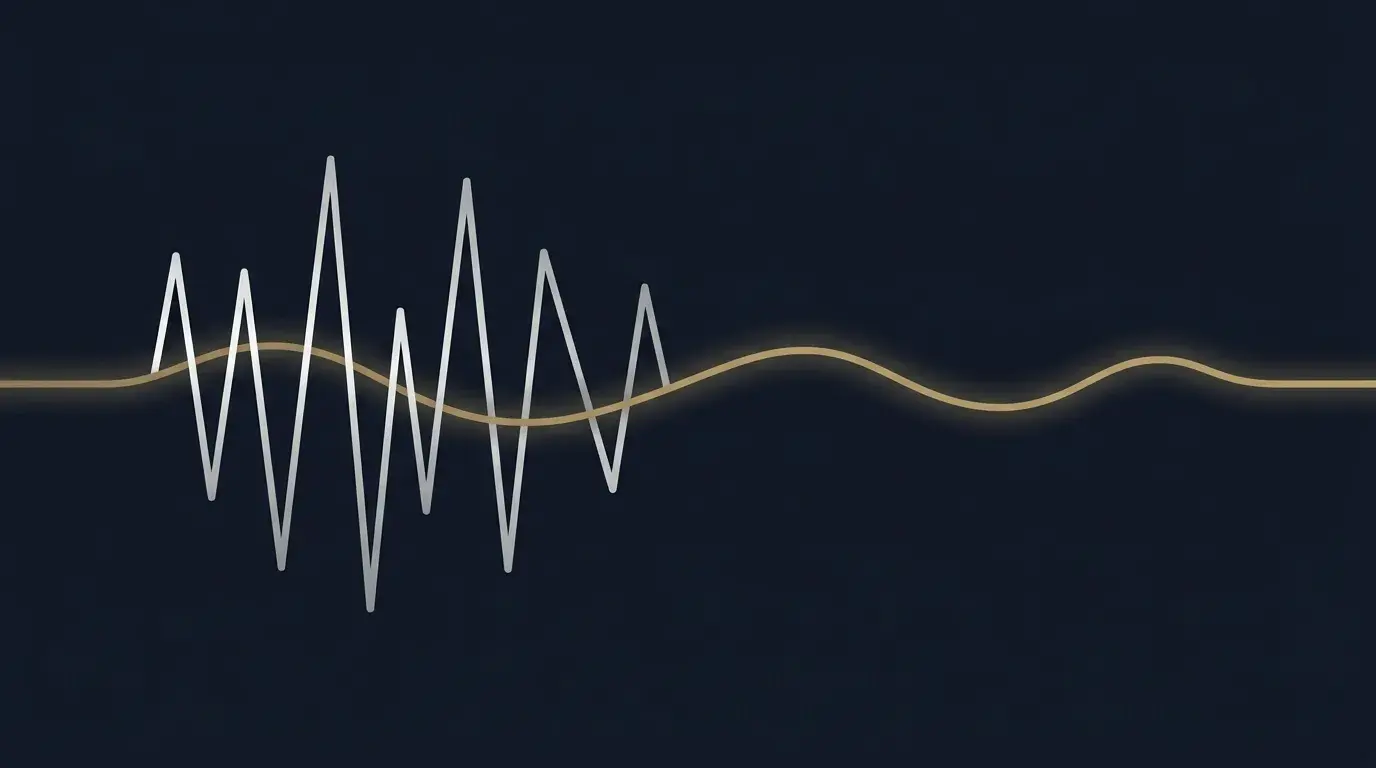 Minimalist diagram of one sharp high-amplitude silver line next to a calmer smoother gold line, illustrating silver's higher beta and larger swings