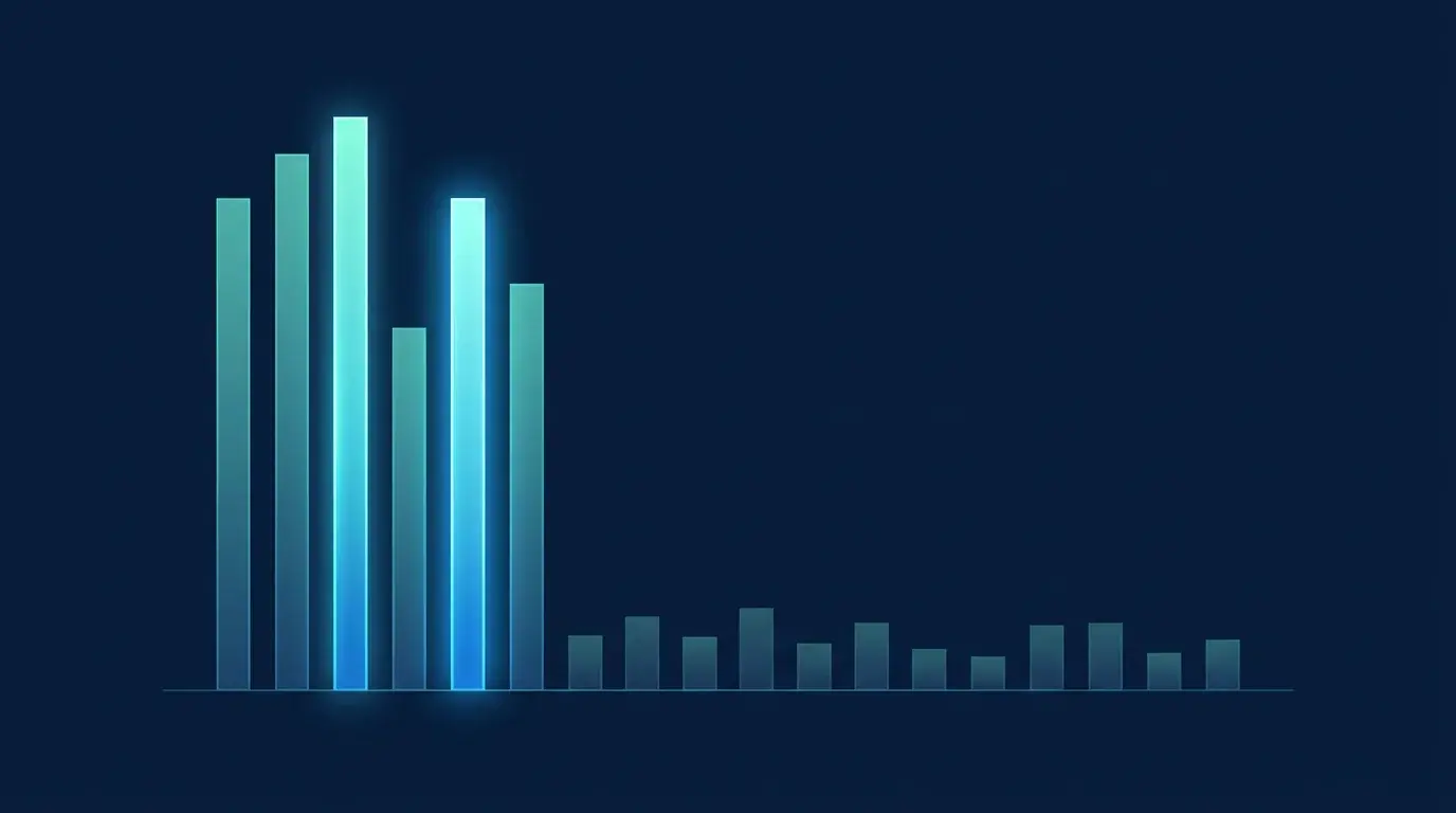 Abstract data visualization of a few very tall glowing bars dwarfing many short dim bars, representing narrow market breadth and concentration in a handful of mega-cap names