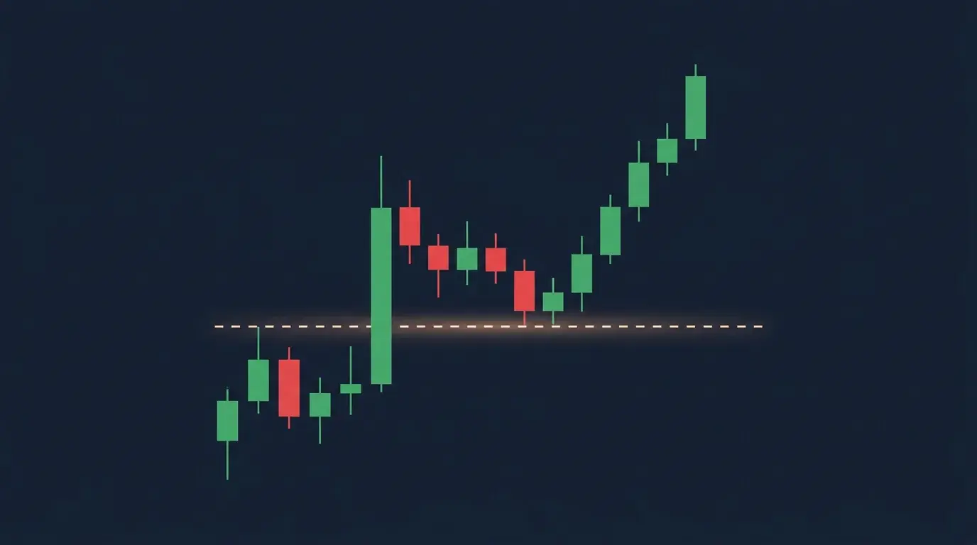 Candlestick diagram of a breakout to a new high followed by a pullback that holds prior resistance turned support before resuming higher