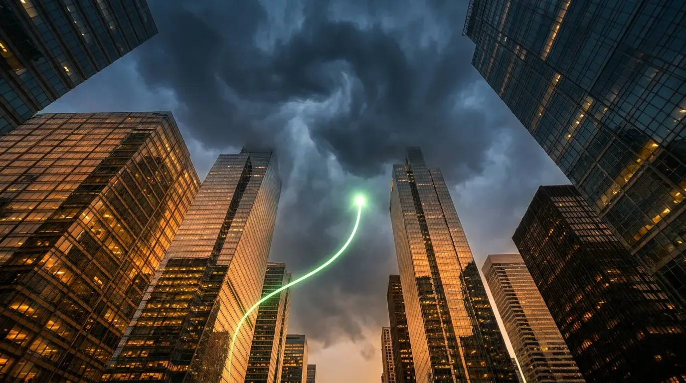 A soaring city of glass skyscrapers with a glowing green market uptrend climbing to a peak while dark storm clouds gather above, representing a record-high rally meeting looming risk