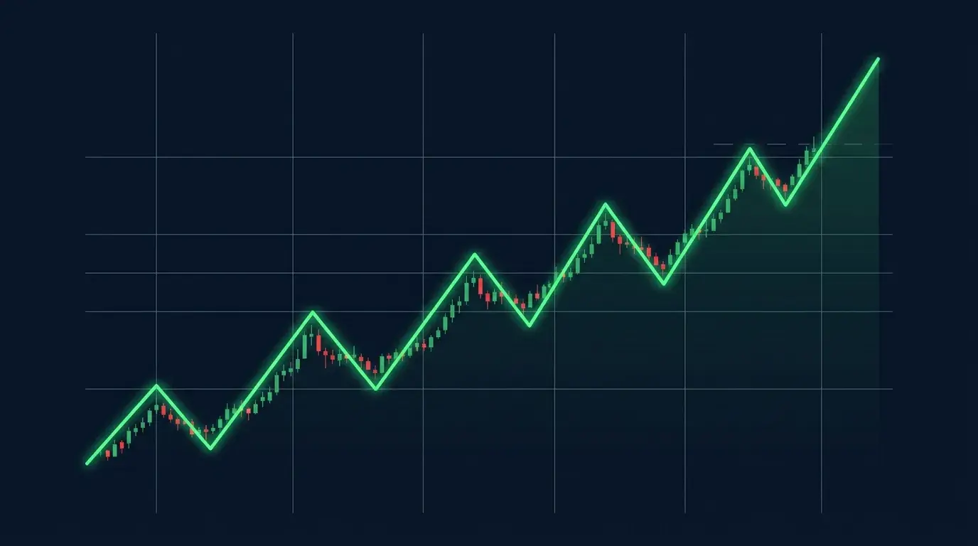 Minimalist chart diagram of a green index line making a clear series of higher highs and higher lows into fresh record territory