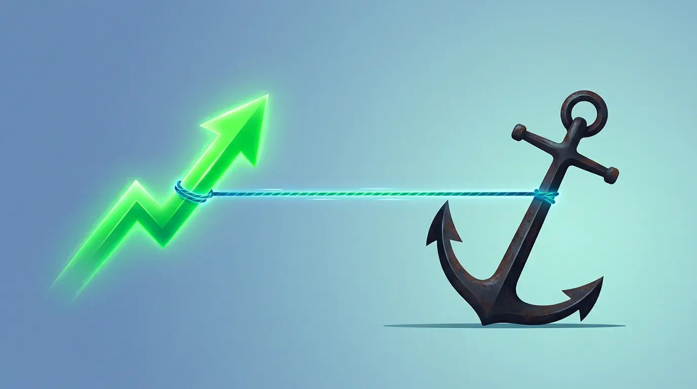 Conceptual illustration of a tug-of-war between an upward green force representing the liquidity rally and a heavy downward anchor representing restrictive Fed policy and a strong dollar