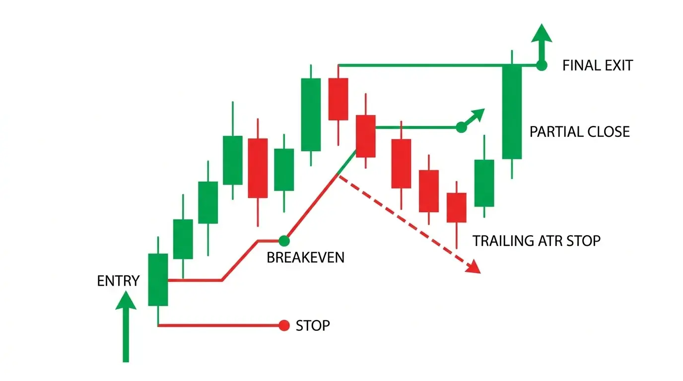 Editorial hero graphic for trade management techniques — a forex candlestick chart overlaid with a stop-loss shield, a partial-close fraction marker, and an ascending trailing stop staircase