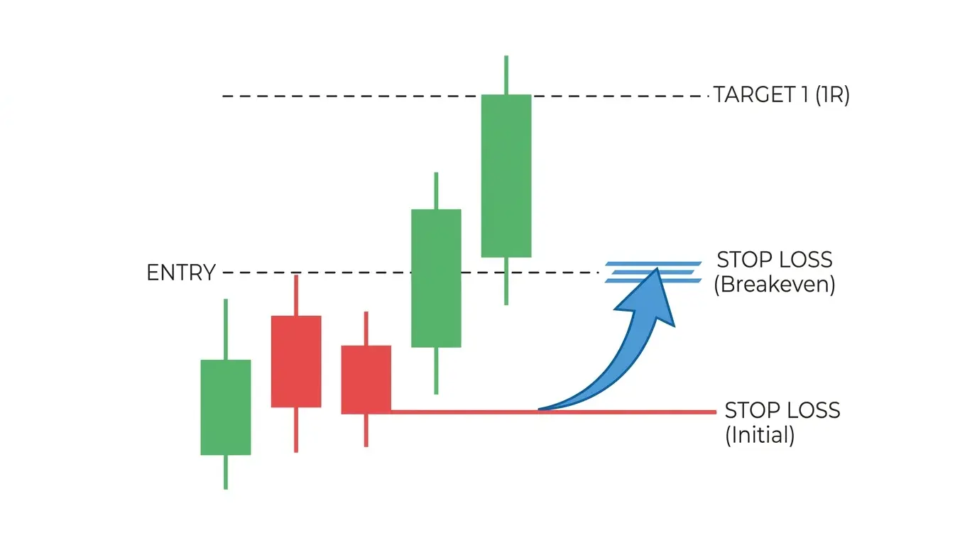 Chart diagram showing a long trade where price has advanced one full R multiple and the stop loss is repositioned from the original level up to the entry price