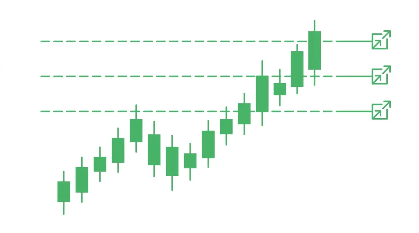 Chart diagram showing a long position scaled out in three equal tranches at 1R, 2R and 3R price targets with a trailing stop beneath the remaining runner
