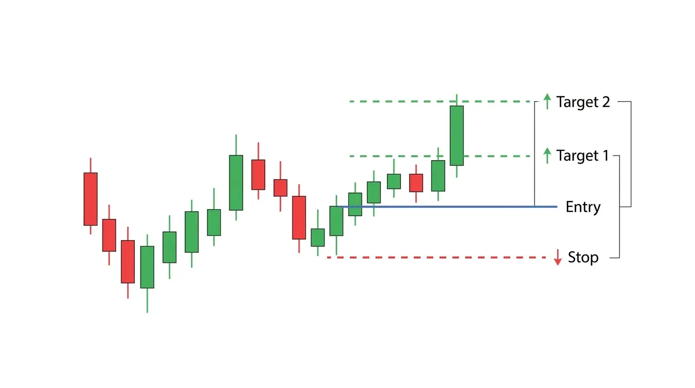 Chart diagram showing a laddered bracket order structure with a single stop loss tied to three stacked take-profit levels at ascending price points