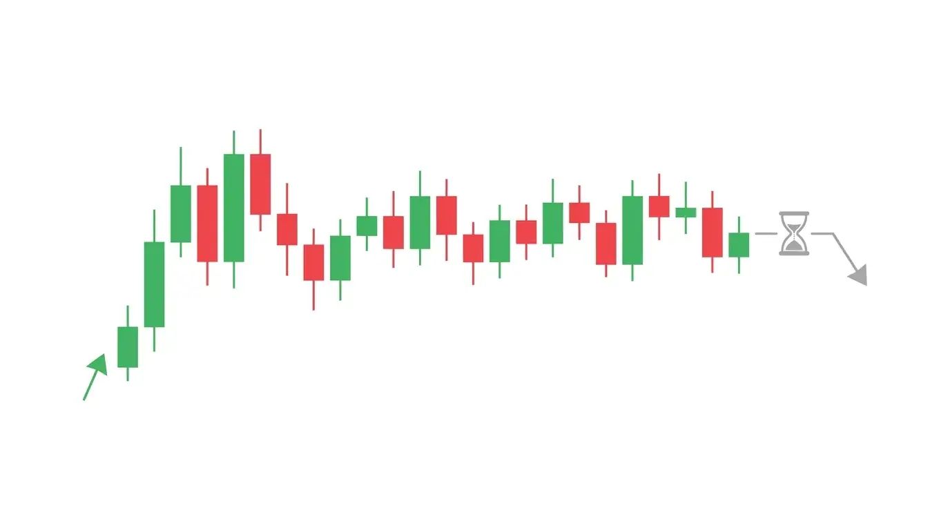 Chart diagram showing a long trade that has failed to make progress after several candles with a time-stop closing the position before price drifts into the original stop loss