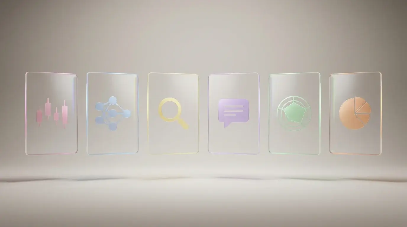 Six translucent product cards floating in a warm studio comparing AI chart analysis tools
